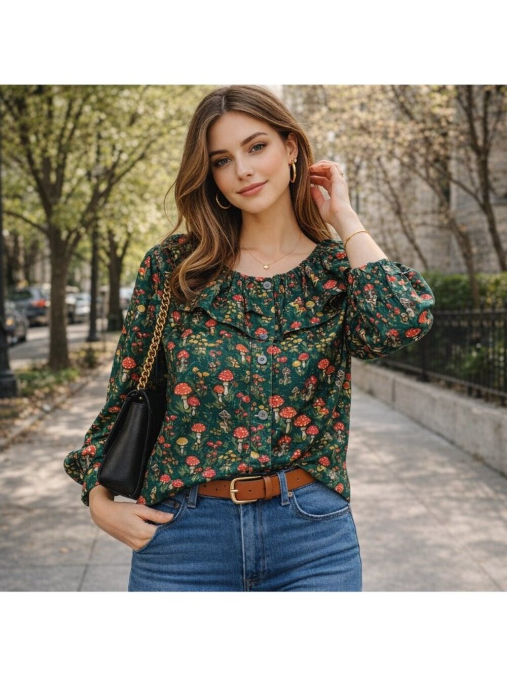J Crew Collection NWOT Silk Mushroom Print Ruffle Blouse Green XL Cottagecore - Picture 3 of 16